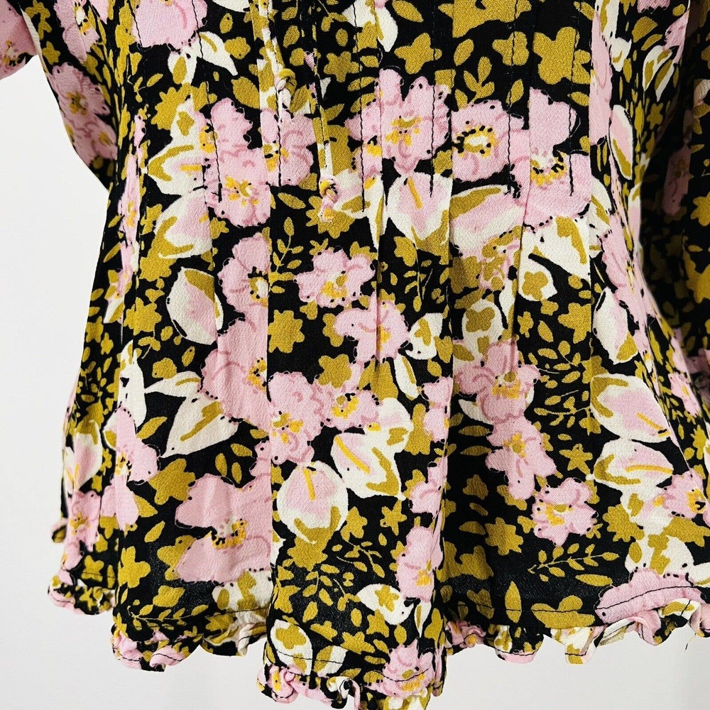 Free People Sweet Memories Black Multi Floral Print Ruffled Puff Sleeve Top - Picture 6 of 12